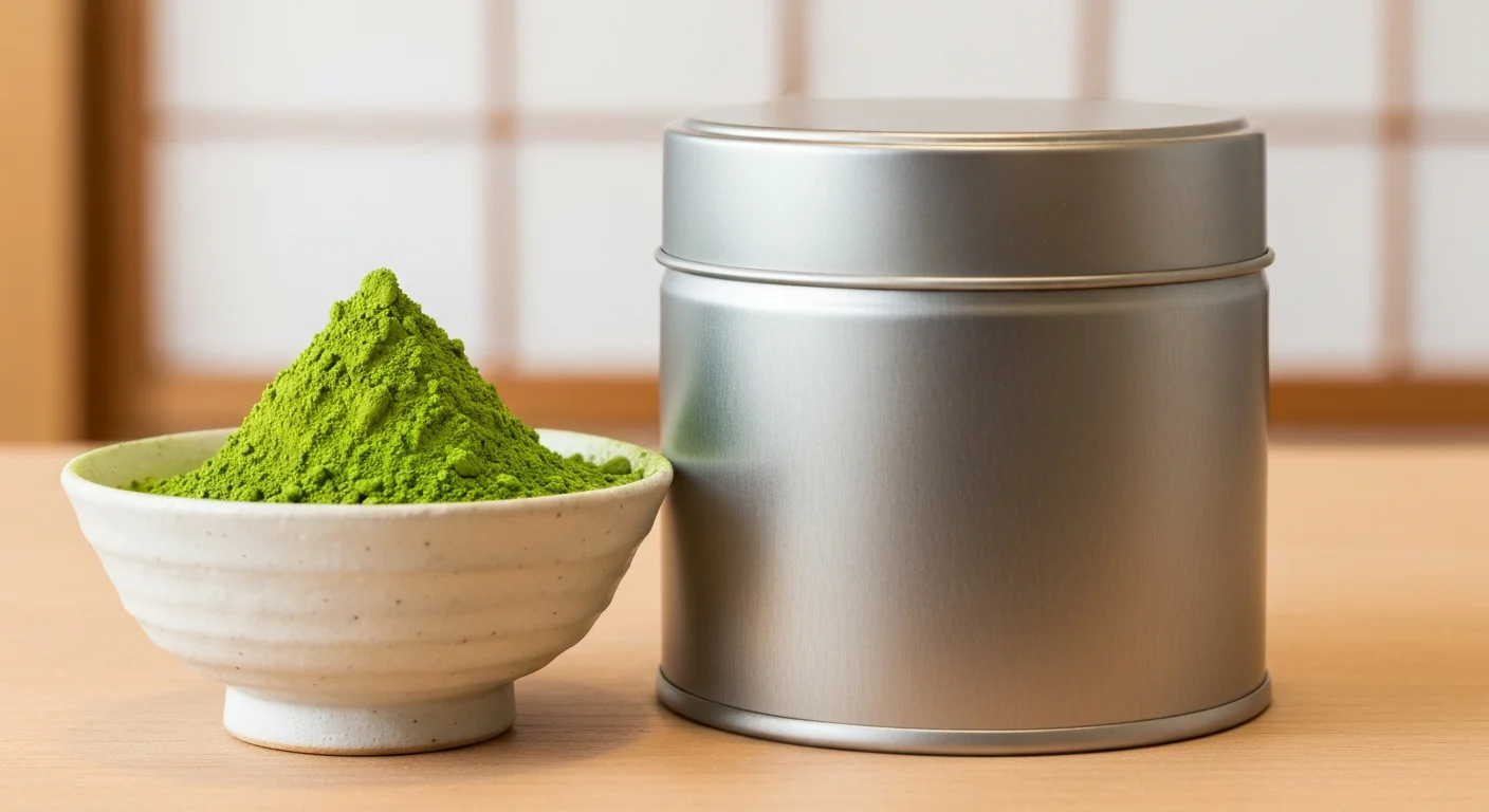 茶筅のそばに置いた鮮やかな抹茶の粉末と小さな白磁の器