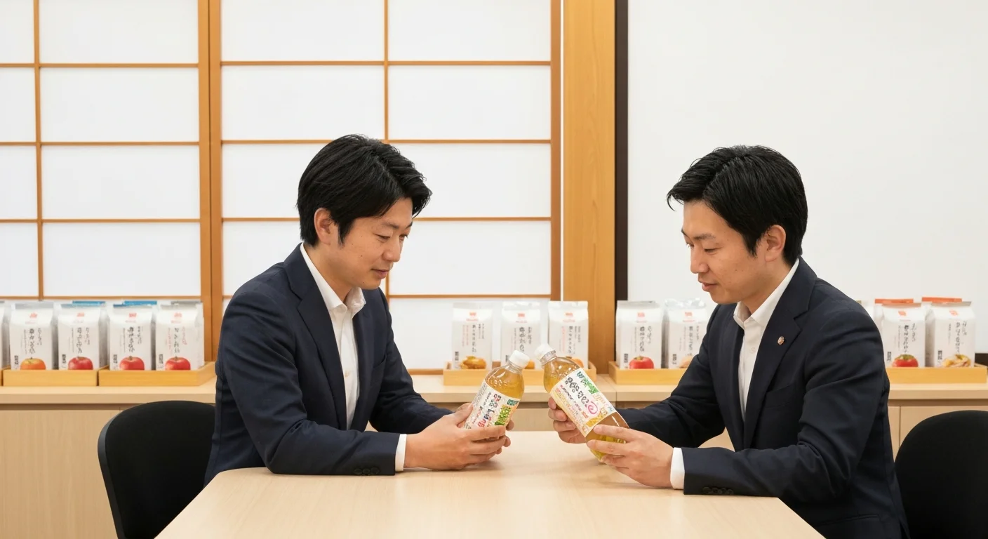 木のテーブルに商品サンプルと商談資料を並べた打ち合わせの様子