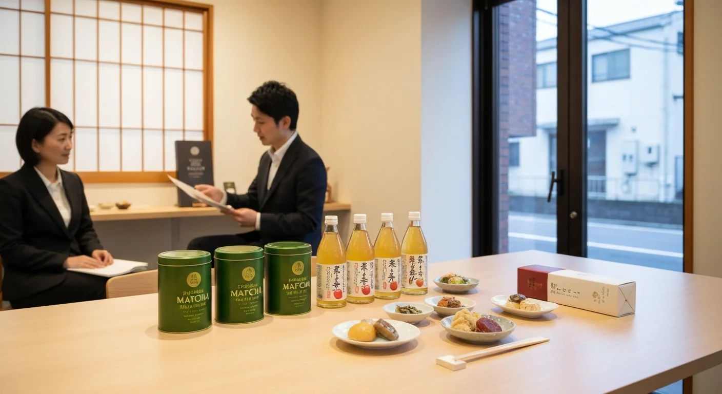 木の台に日本産抹茶と果汁飲料、和紙の包みを整えた商品展示