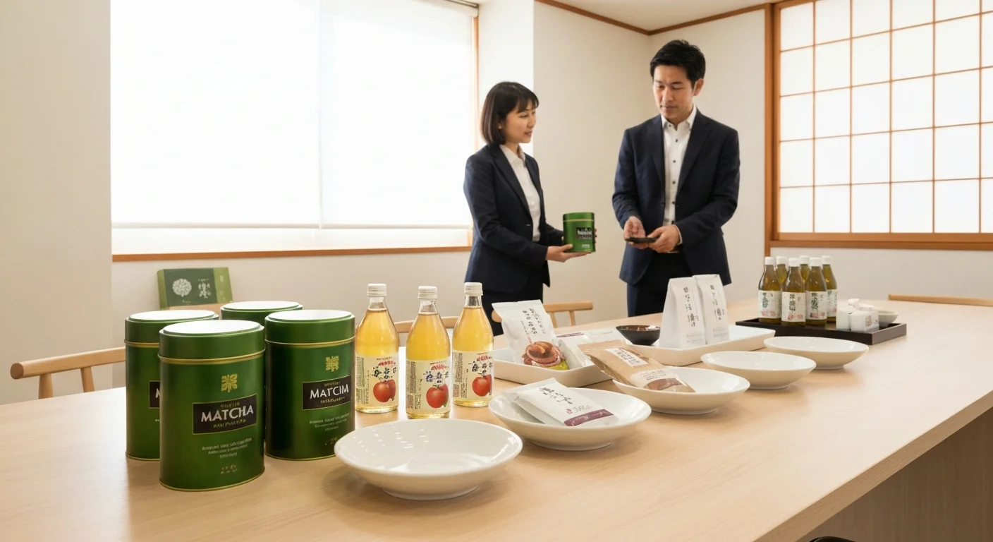 白い器に抹茶と日本の食品パッケージを整えた輸出ショールームのテーブル