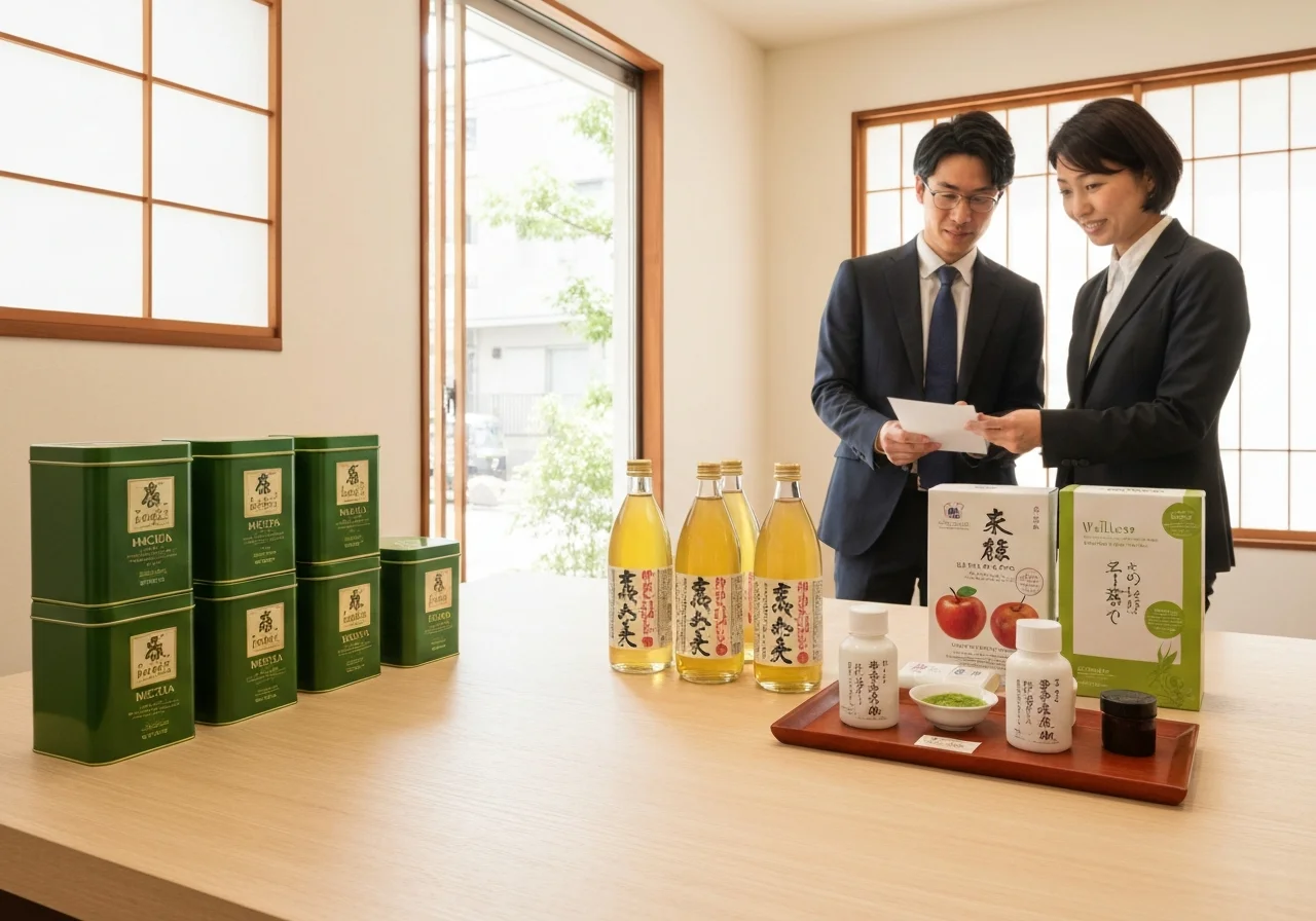 抹茶、リンゴジュース、健康関連商品を商談用に並べた商品テーブル